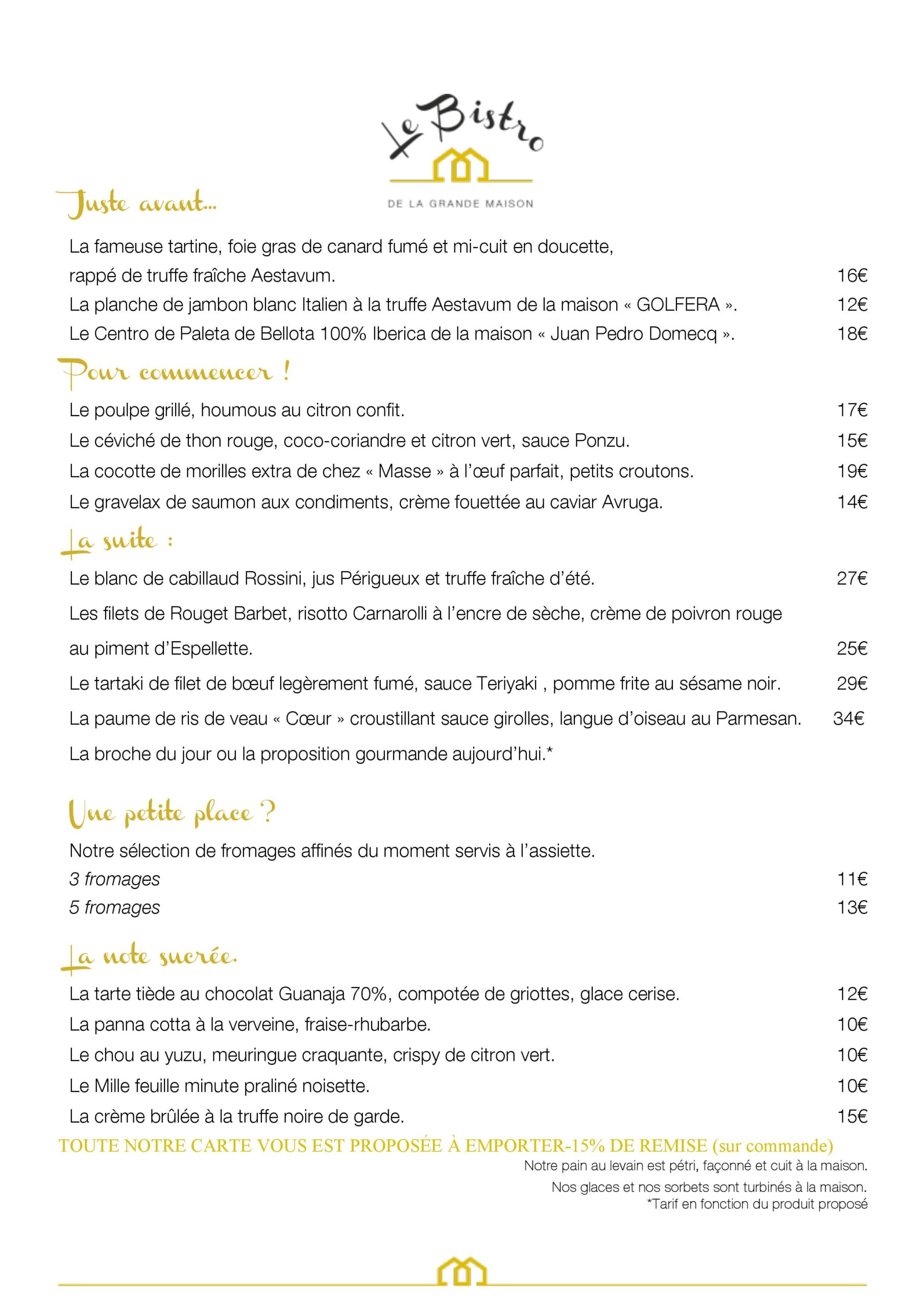 Menu Bistro De la grande Maison