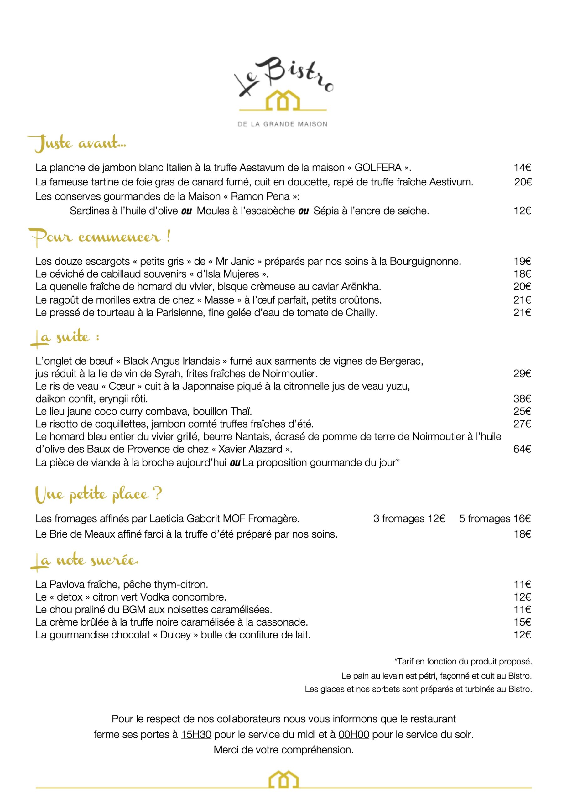 Menu Bistro De la grande Maison