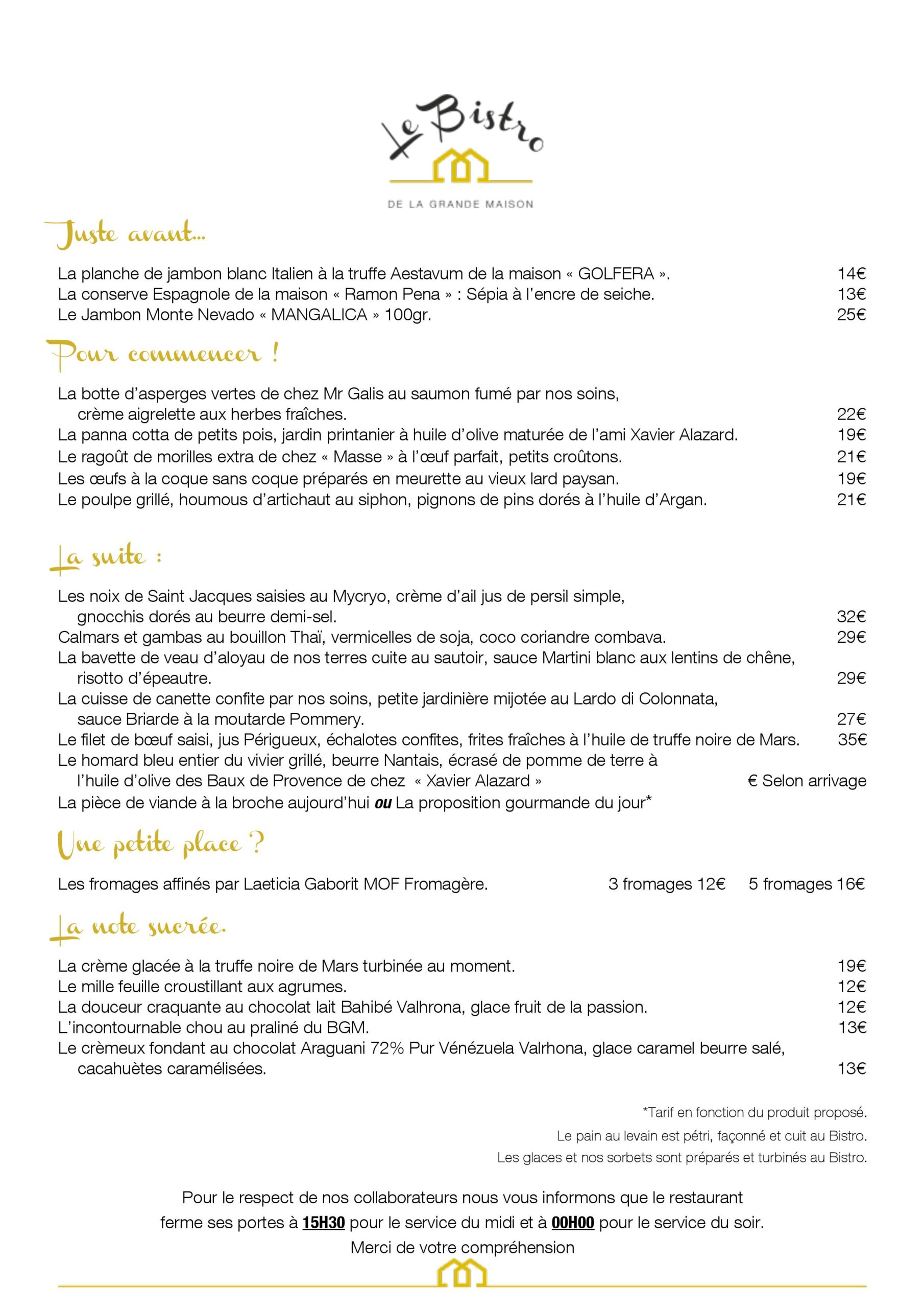 Menu Bistro De la grande Maison